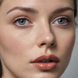 A close-up of a face showcasing various detailed and distinct facial features such as captivating eyes, a striking nose, and expressive lips.