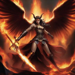 A dramatic battle scene featuring a horned and winged Lucifer fighting with a beautiful huntress amidst raging flames