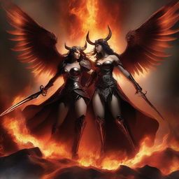 A dramatic battle scene featuring a horned and winged Lucifer fighting with a beautiful huntress amidst raging flames