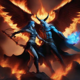 A dramatic battle scene featuring a horned and winged male Lucifer fighting with a beautiful blue-haired female huntress amidst raging flames