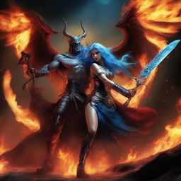 A dramatic battle scene featuring a horned and winged male Lucifer fighting with a beautiful blue-haired female huntress amidst raging flames