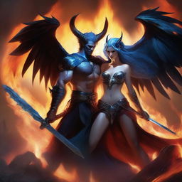 A dramatic battle scene featuring a horned and winged male Lucifer fighting with a beautiful blue-haired female huntress amidst raging flames