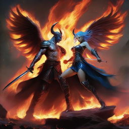 A dramatic battle scene featuring a horned and winged male Lucifer fighting with a beautiful blue-haired female huntress amidst raging flames