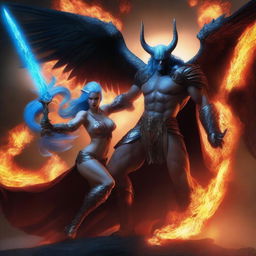 A dramatic battle scene featuring a horned and winged male Lucifer fighting with a beautiful blue-haired female huntress with an hourglass figure amidst raging flames