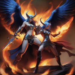 A dramatic battle scene featuring a horned and winged male Lucifer fighting with a beautiful blue-haired female huntress with an hourglass figure amidst raging flames