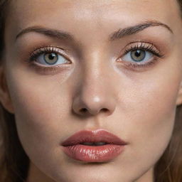 A close-up of a face showcasing various detailed and distinct facial features such as captivating eyes, a striking nose, and expressive lips.