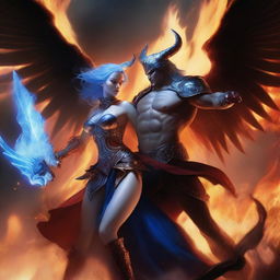 A dramatic battle scene featuring a horned and winged male Lucifer fighting with a beautiful blue-haired female huntress with an hourglass figure amidst raging flames