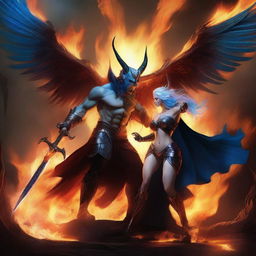 A dramatic battle scene featuring a horned and winged male Lucifer fighting with a beautiful blue-haired female huntress with an hourglass figure amidst raging flames