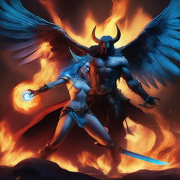 A dramatic battle scene featuring a horned and winged male Lucifer fighting with a beautiful blue-haired female huntress with an hourglass figure amidst raging flames