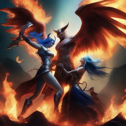 A dramatic battle scene featuring a horned and winged male Lucifer fighting with a beautiful blue-haired female huntress with an hourglass figure amidst raging flames