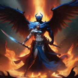 A dramatic battle scene featuring a horned and winged male Lucifer fighting with a beautiful blue-haired female huntress with an hourglass figure amidst raging flames