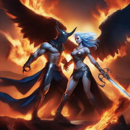 A dramatic battle scene featuring a horned and winged male Lucifer fighting with a beautiful blue-haired female huntress with an hourglass figure and prominent curves amidst raging flames