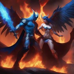 A dramatic battle scene featuring a horned and winged male Lucifer fighting with a beautiful blue-haired female huntress with an hourglass figure and prominent curves amidst raging flames