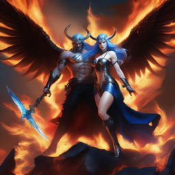 A dramatic battle scene featuring a horned and winged male Lucifer fighting with a beautiful blue-haired female huntress with an hourglass figure and prominent curves amidst raging flames