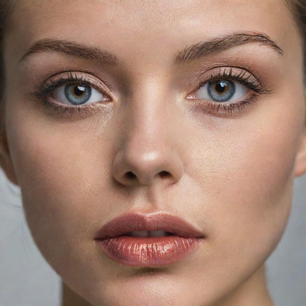 A close-up of a face showcasing various detailed and distinct facial features such as captivating eyes, a striking nose, and expressive lips.