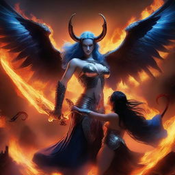 A dramatic battle scene featuring a horned and winged male Lucifer fighting with a beautiful blue-haired female huntress with an hourglass figure and prominent curves amidst raging flames