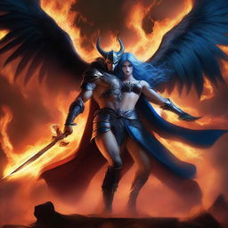 A dramatic battle scene featuring a horned and winged male Lucifer fighting with a beautiful blue-haired female huntress with an hourglass figure and prominent curves amidst raging flames