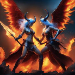 A dramatic battle scene featuring a horned and winged male Lucifer fighting with a beautiful blue-haired female huntress with an hourglass figure and prominent curves amidst raging flames