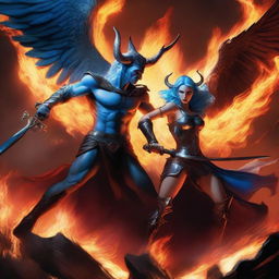 A dramatic battle scene featuring a horned and winged male Lucifer fighting with a beautiful blue-haired female huntress with an hourglass figure and prominent curves amidst raging flames