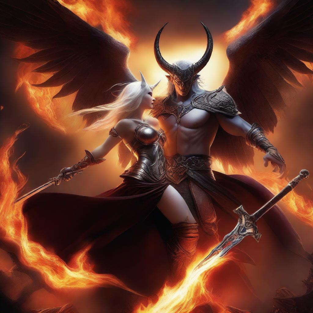 A dramatic battle scene featuring a horned and winged male Lucifer fighting with a beautiful huntress with an hourglass figure and white hair amidst raging flames