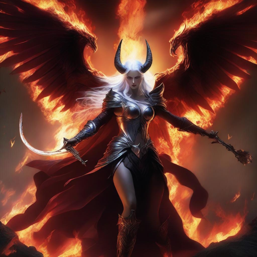 A dramatic battle scene featuring a horned and winged male Lucifer fighting with a beautiful huntress with an hourglass figure and white hair amidst raging flames