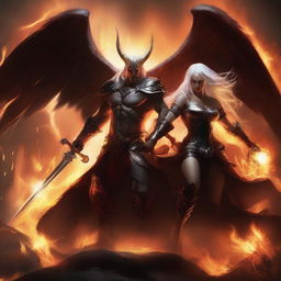 A dramatic battle scene featuring a horned and winged male Lucifer fighting with a beautiful huntress with an hourglass figure and white hair amidst raging flames