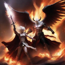 A dramatic battle scene featuring a horned and winged male Lucifer fighting with a beautiful huntress with an hourglass figure and white hair amidst raging flames