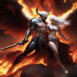 A dramatic battle scene featuring a horned and winged male Lucifer fighting with a beautiful female huntress with an hourglass figure and long white hair amidst raging flames