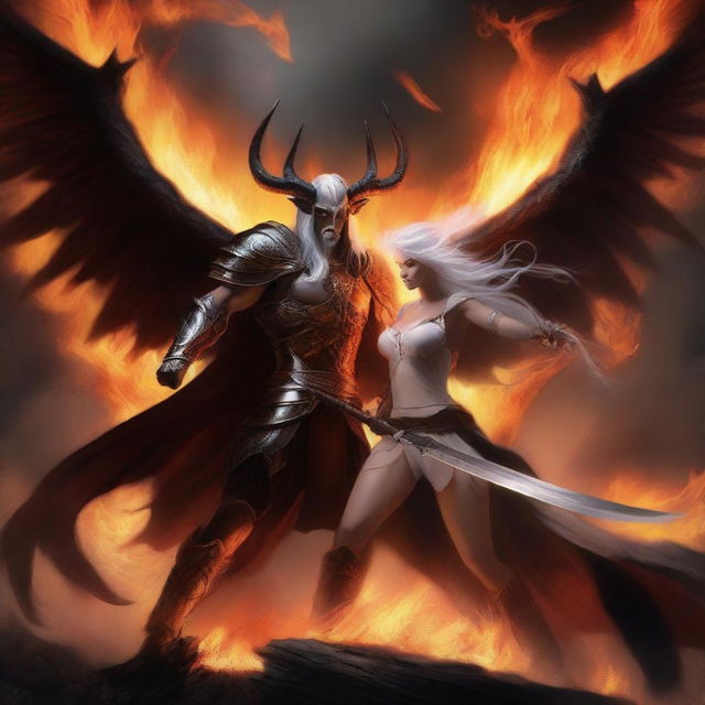 A dramatic battle scene featuring a horned and winged male Lucifer fighting with a beautiful female huntress with an hourglass figure and long white hair amidst raging flames