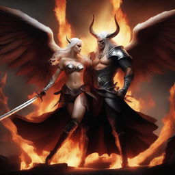 A dramatic battle scene featuring a horned and winged male Lucifer fighting with a beautiful female huntress with an hourglass figure and long white hair amidst raging flames