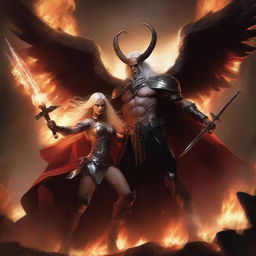 A dramatic battle scene featuring a horned and winged male Lucifer fighting with a beautiful female huntress with an hourglass figure and long white hair amidst raging flames