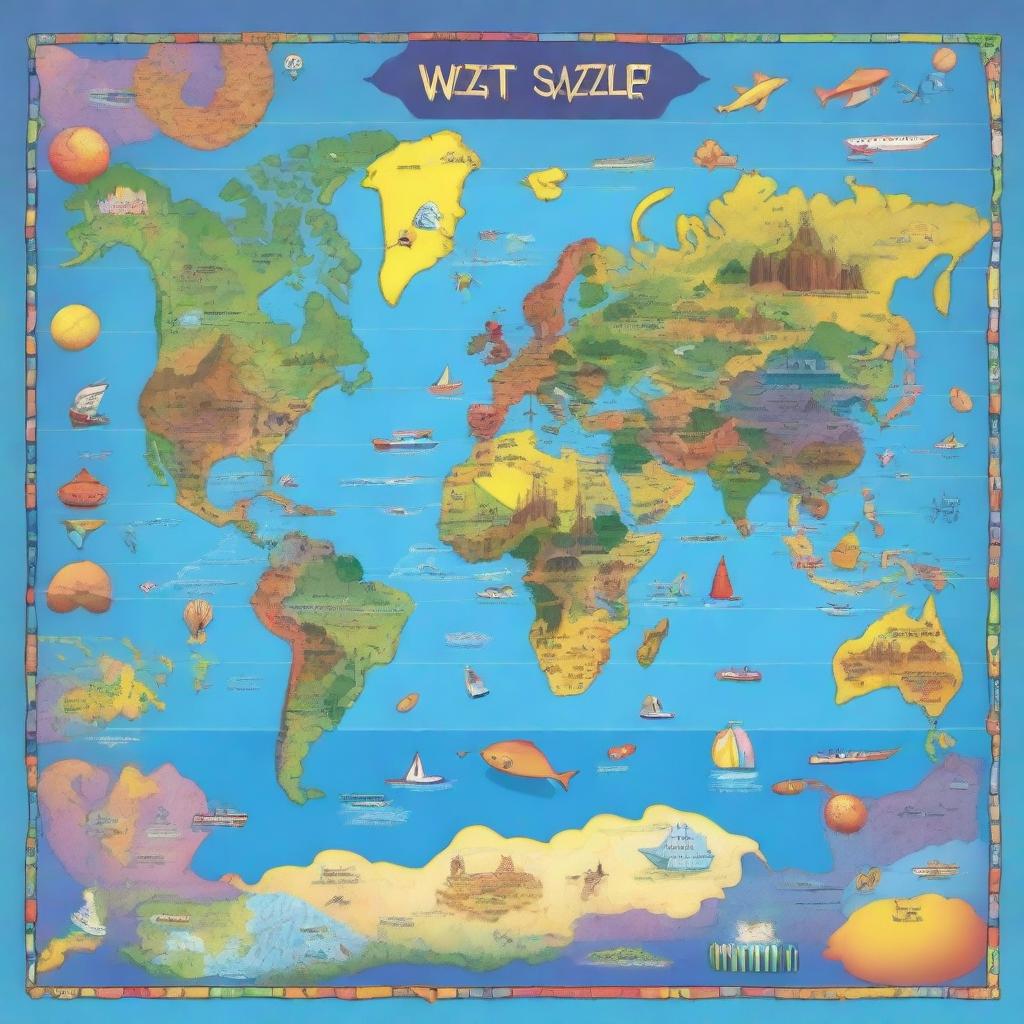 Create a mural of a world sliding puzzle, showcasing a vibrant and detailed map of the world