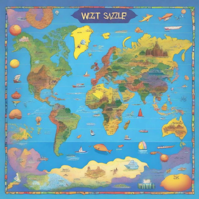 Create a mural of a world sliding puzzle, showcasing a vibrant and detailed map of the world