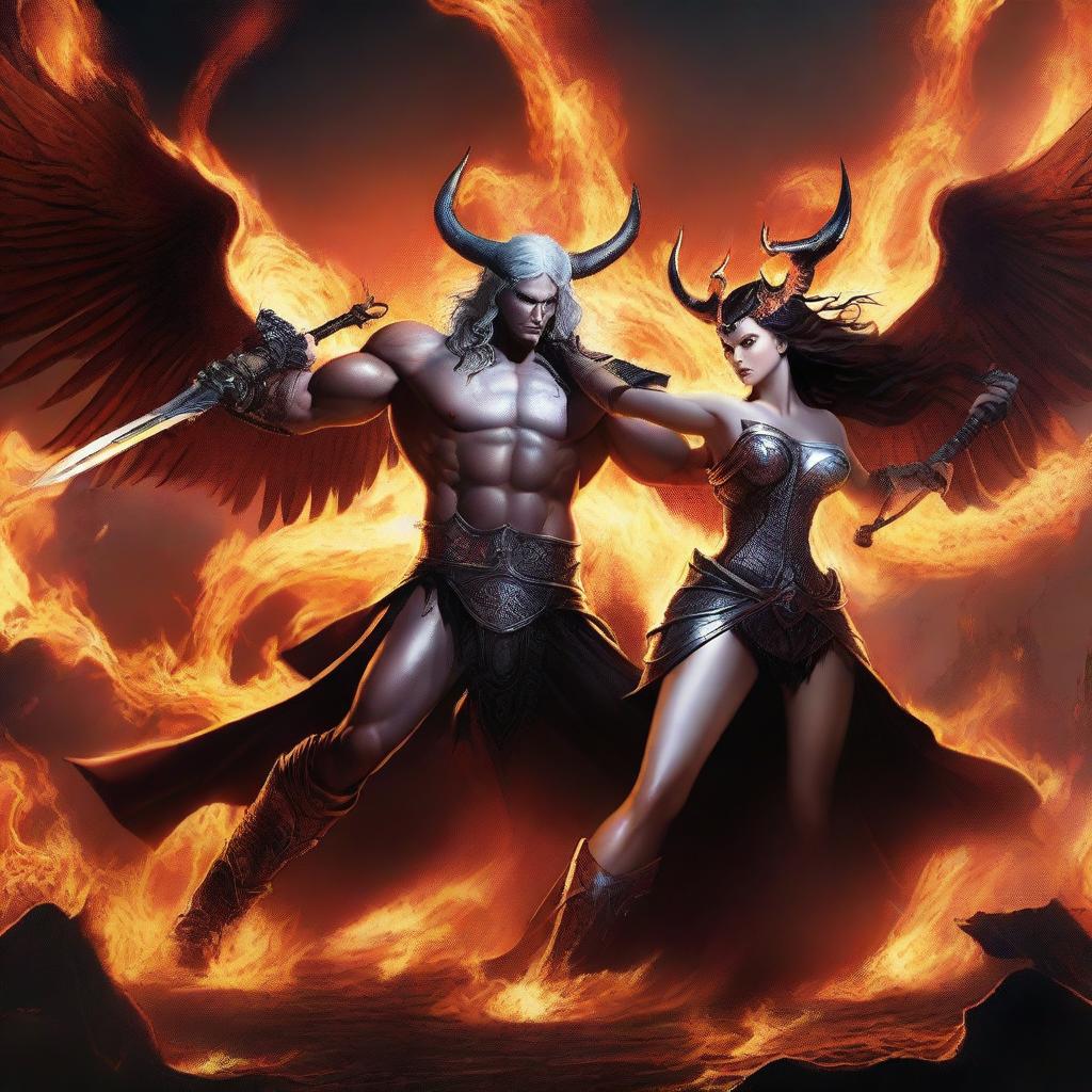 A dramatic battle scene featuring a horned and winged, handsome, dark-haired male Lucifer fighting with a beautiful, hourglass-figured, big-booty, white-haired female huntress amidst raging flames