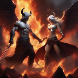 A dramatic battle scene featuring a horned and winged, handsome, dark-haired male Lucifer fighting with a beautiful, hourglass-figured, big-booty, white-haired female huntress amidst raging flames