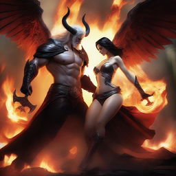 A dramatic battle scene featuring a horned and winged, handsome, dark-haired male Lucifer fighting with a beautiful, hourglass-figured, big-booty, white-haired female huntress amidst raging flames