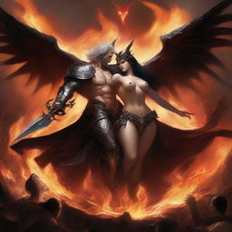 A dramatic battle scene featuring a horned and winged, handsome, dark-haired male Lucifer fighting with a beautiful, hourglass-figured, big-booty, white-haired female huntress amidst raging flames