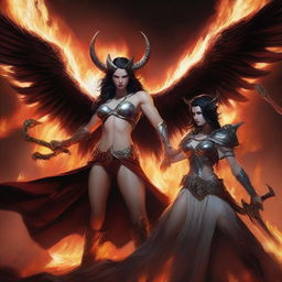 A dramatic battle scene featuring a horned and winged, handsome dark-haired Lucifer fighting with a beautiful, hourglass-figured, big-booty, white-haired female huntress amidst raging flames