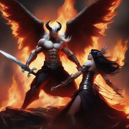 A dramatic battle scene featuring a horned and winged, handsome dark-haired Lucifer fighting with a beautiful, hourglass-figured, big-booty, white-haired female huntress amidst raging flames