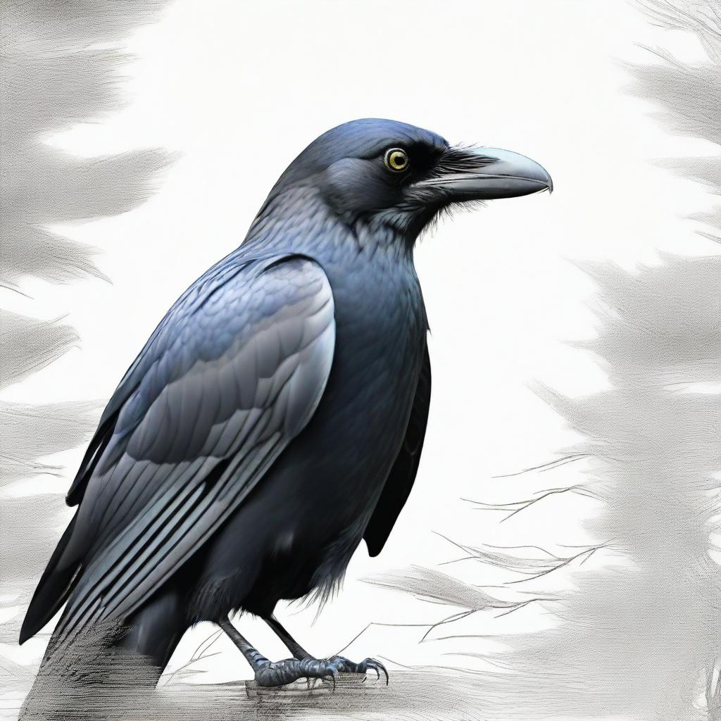 A detailed image of a crow looking directly at the reader with an intense and curious gaze