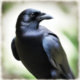 A detailed image of a crow looking directly at the reader with an intense and curious gaze