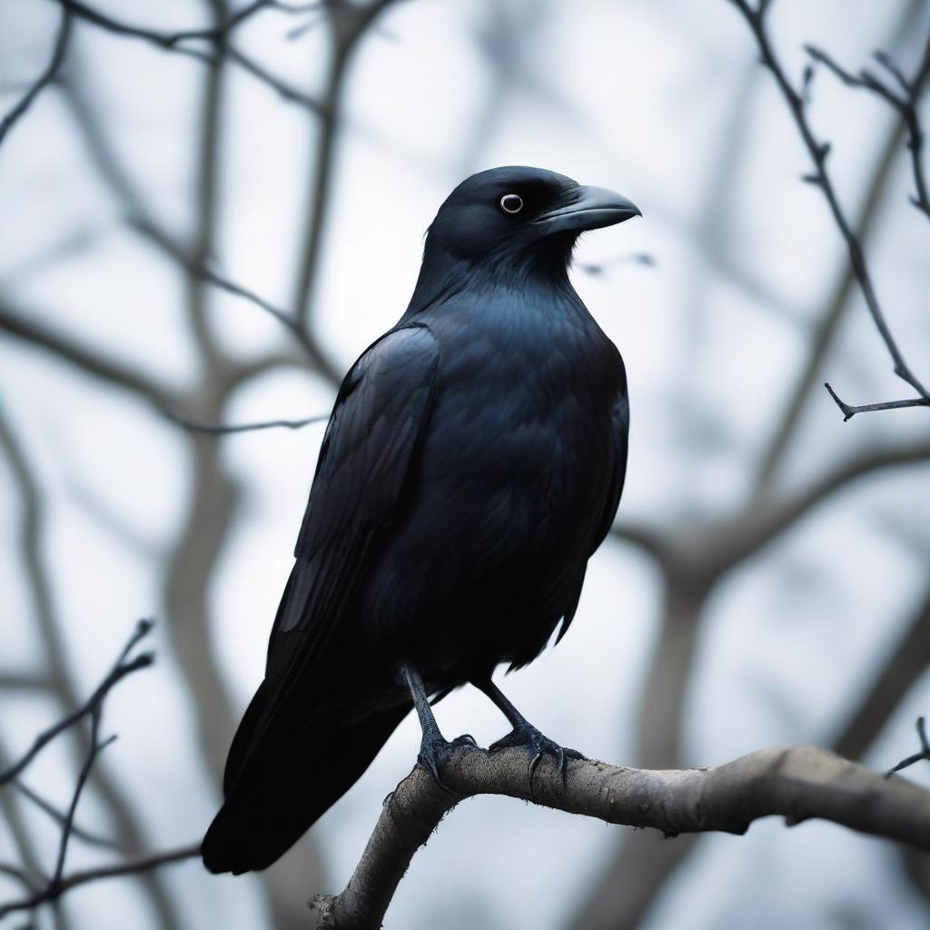 A close-up image of a creepy crow looking directly at the reader with an eerie, intense gaze