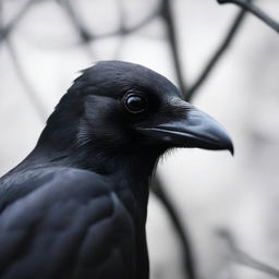 A close-up image of a creepy crow looking directly at the reader with an eerie, intense gaze