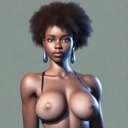 A realistic depiction of an Afro girl with big breasts and blue eyes, wearing a black bra