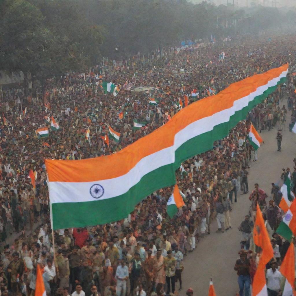 A lively scene of a Republic Day celebration, filled with colorful flags, parades, joyous crowds and patriotic decorations.