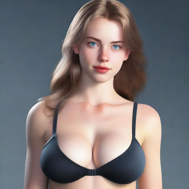 A realistic image of a girl with big breasts and blue eyes, wearing a black bra