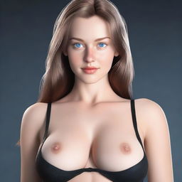 A realistic image of a girl with big breasts and blue eyes, wearing a black bra