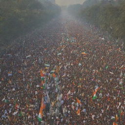 A lively scene of a Republic Day celebration, filled with colorful flags, parades, joyous crowds and patriotic decorations.