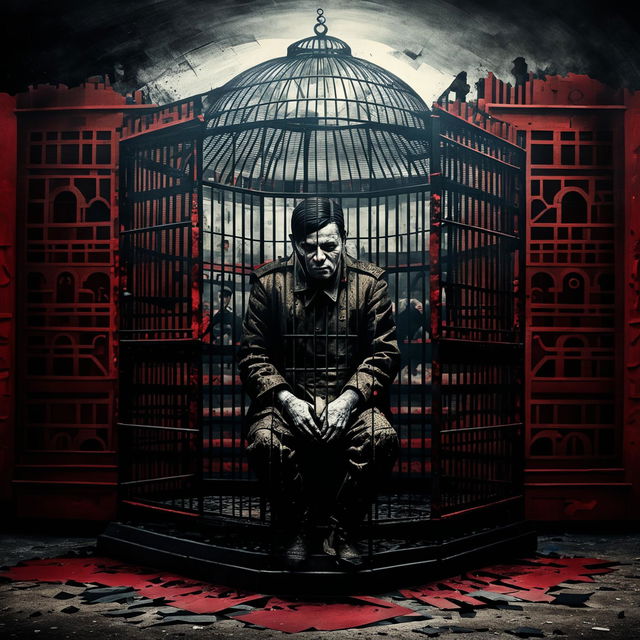 A symbolic image representing the feeling of being caged in Romania, featuring a dark color palette, a large cage with trapped figures, and traditional Romanian motifs to evoke themes of oppression and lack of freedom