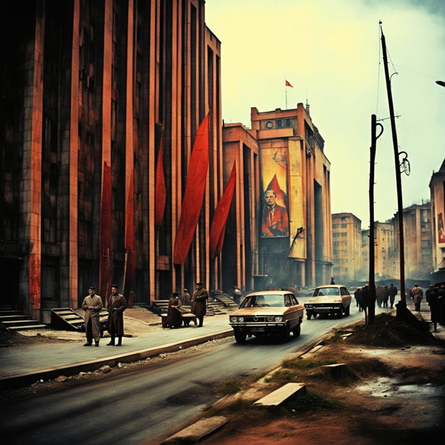 An evocative image of Communist Romania, featuring stark urban architecture, propaganda symbols, subdued people, and a dark color palette to convey a sense of bleakness and control